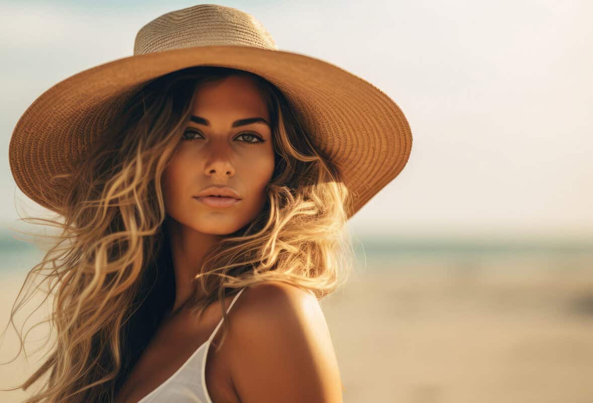 Beautiful girl in a wide-brim hat smiling on beach
