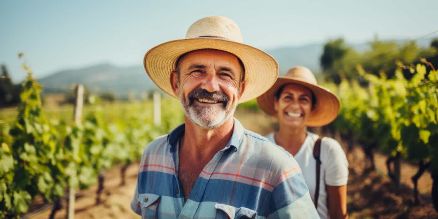 skin cancer awareness: man and woman in wide-brim hats out side in vineyard